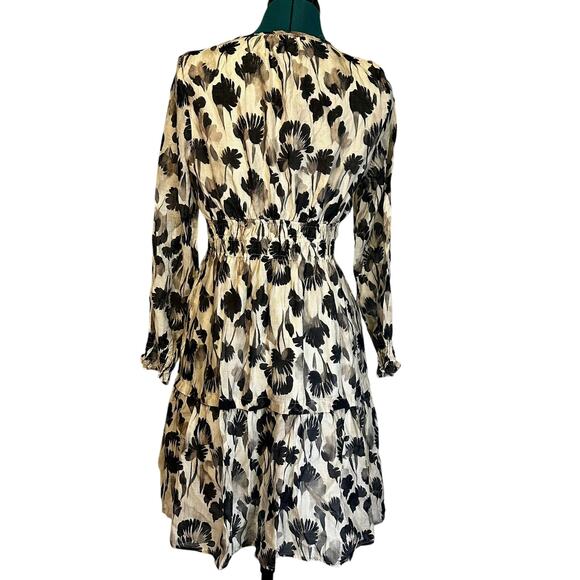 Ott Cream Black Floral Tiered Long Sleeve Midi Dress Size M Feminine - Picture 4 of 8